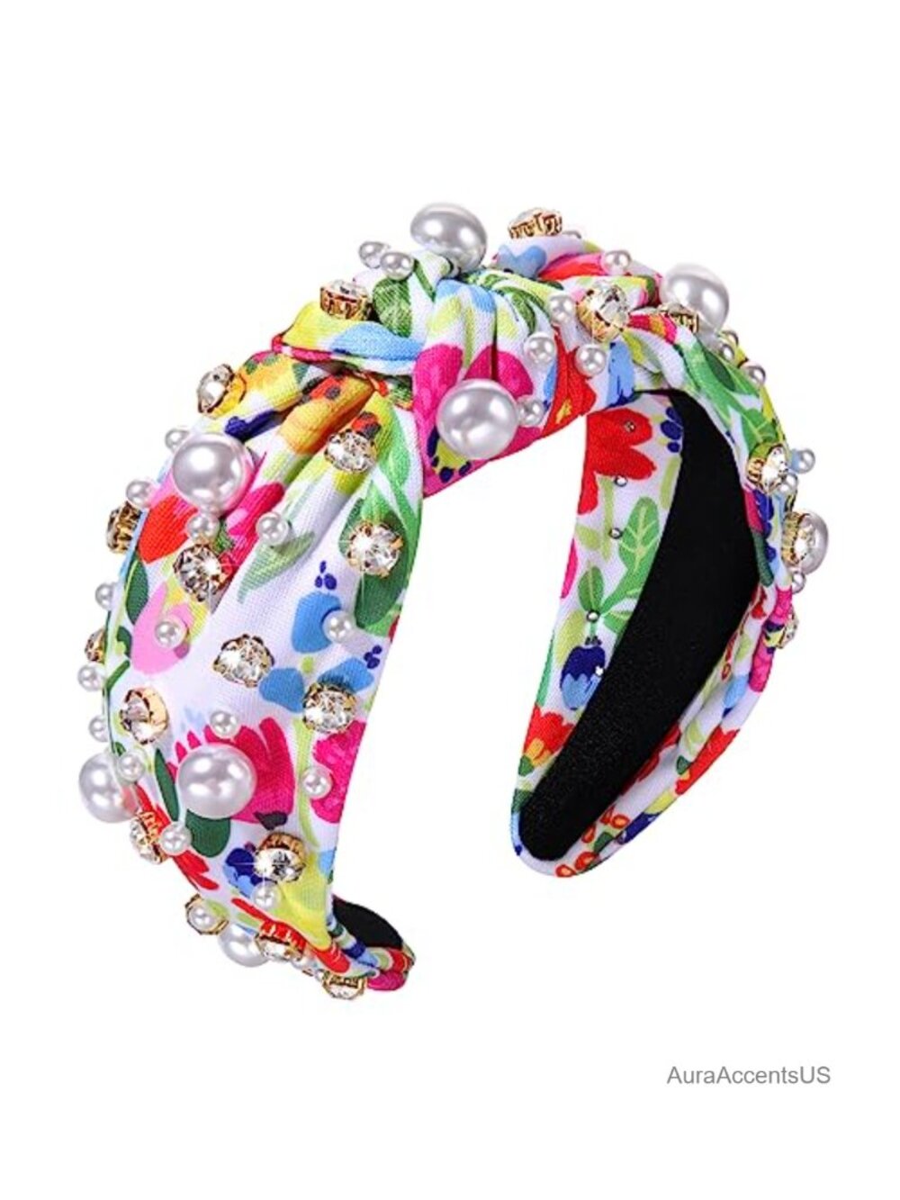Pearl Knotted Headband Rhinestone Crystal Floral Summer Hair Accessory